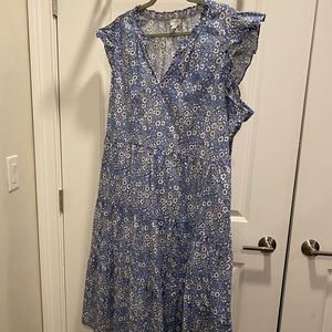 Blue & White Midi Dress with Ruffled Sleeves